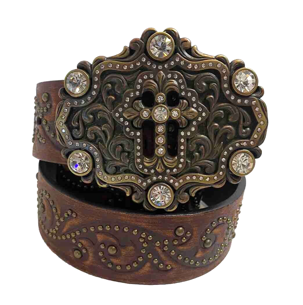 Tony Lama Studded Tooled Brown Leather Belt Buckle Rhinestone Cross Womens 32 TONY LAMA Womens 32 main image 3