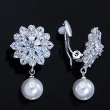 Cwwzircons Cz Crystal Pearl Flower Non Pierced Clip On Drop Earrings for Women