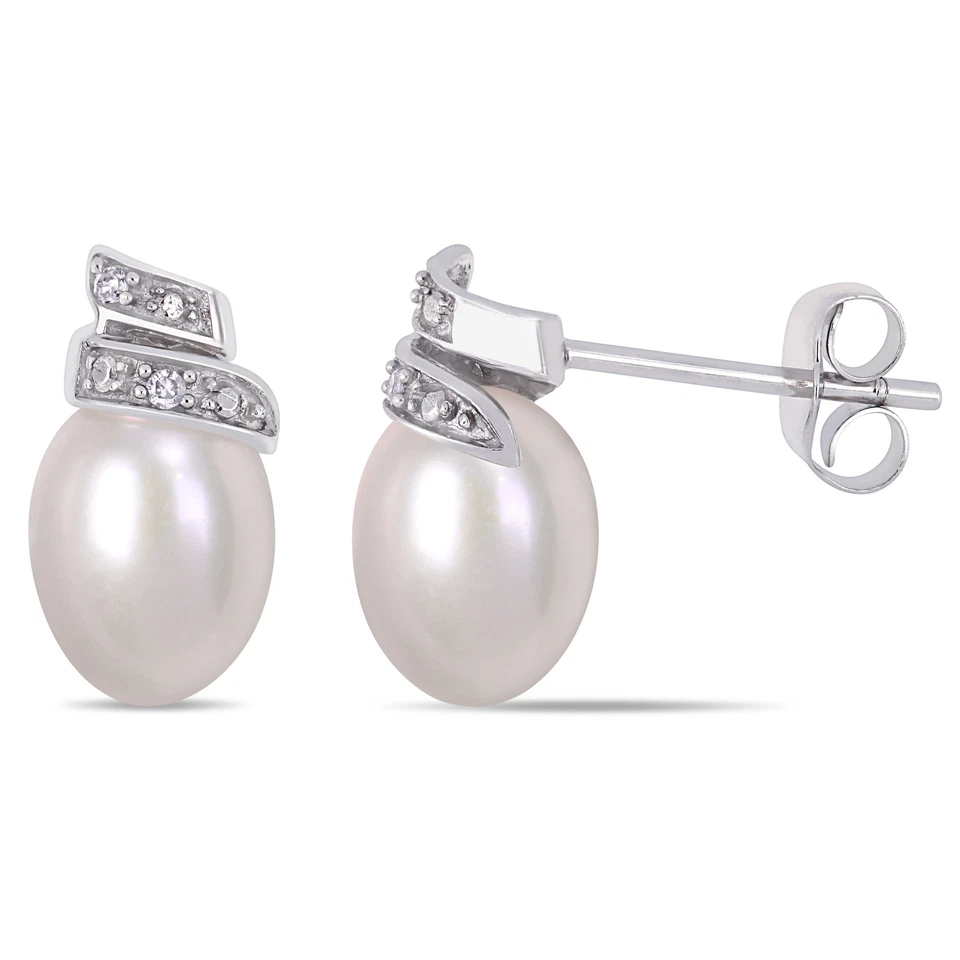 Amour 14k White Gold Cultured Freshwater Pearl and Diamond Earrings