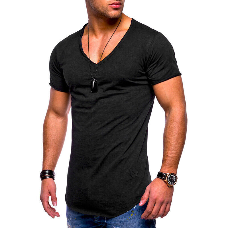 Tシャツ・カットソー HUECLOSET Athleisure V Neck Short T-Shirt 25KERO369 Mens Summer Sport T-shirt V Neck Slim Raw Edge Short-Sleeved