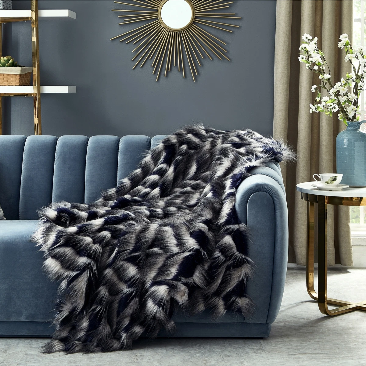 Navy Faux Fur Throw Reverse Micromink Soft Blanket 50