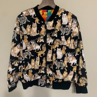 Vintage Infinity Chic Reversible Crazy Cat Lady Zip Bomber Jacket XXL Made USA