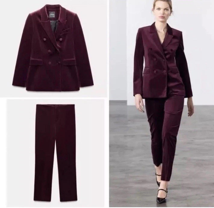 Zara Limited Edition Velvet Burgundy Fitted Blazer & Trousers Size M Co Ord Set image 2