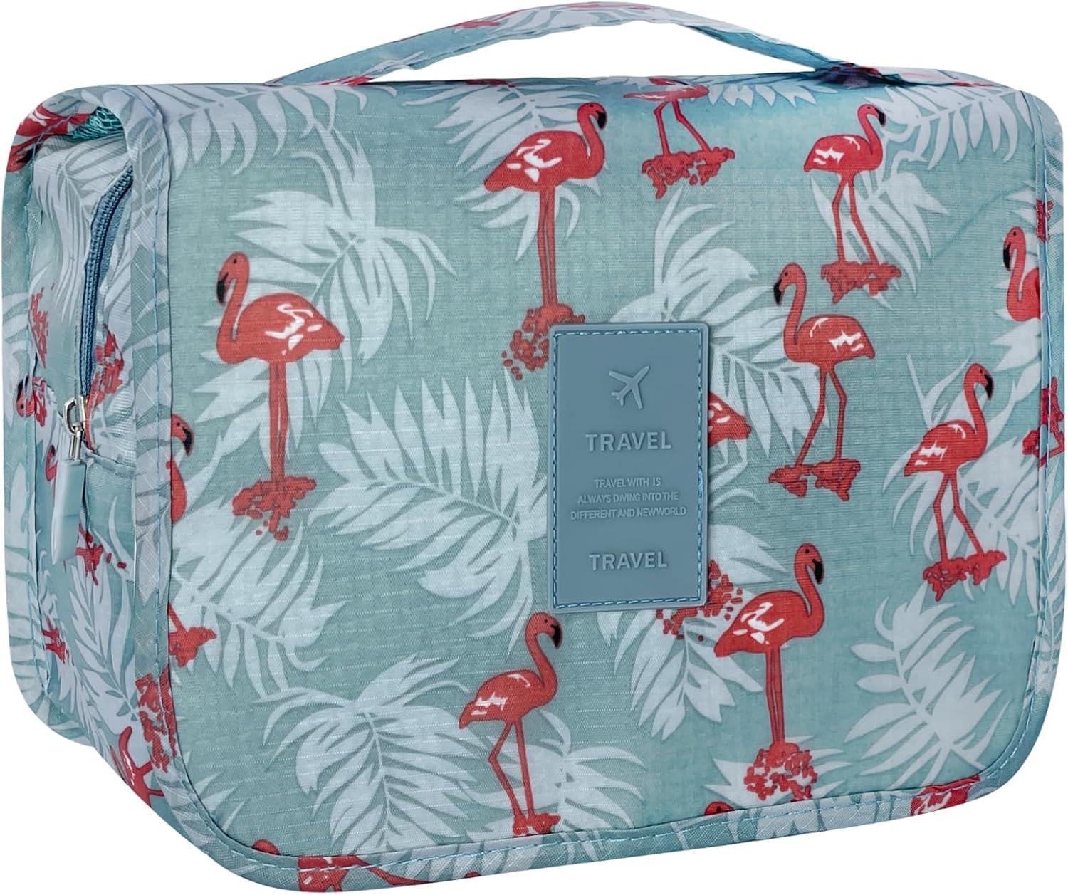 Large Hanging Toiletry Bag with Hook - C-Grey Flamingo Design, Spacious Travel Organizer