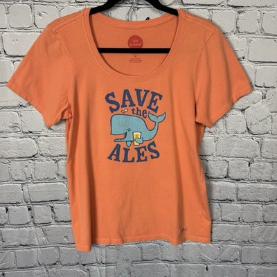 Life Is Good Orange Tee w/ Blue  Save The Ales  Text Whale Beer Ale Graphic Sz M