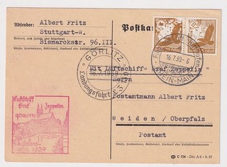 DR Zeppelin Germany trips 1939 postcard Frankfurt Görlitz Weiden