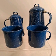 Vtg Blue Speckled Enamelware 2 Coffee Pots 2 Mugs Stovetop Camping Read Descript