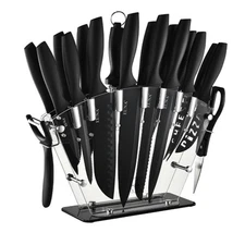 Kitchen Knife Set 19 Pcs Black Acrylic Block, Sharpener High-Carbon Stainless St