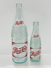 LOT OF 2: VTG PEPSI-COLA EMB DECO AQUA COLORED GLASS SODA BOTTLES (FRANCE)