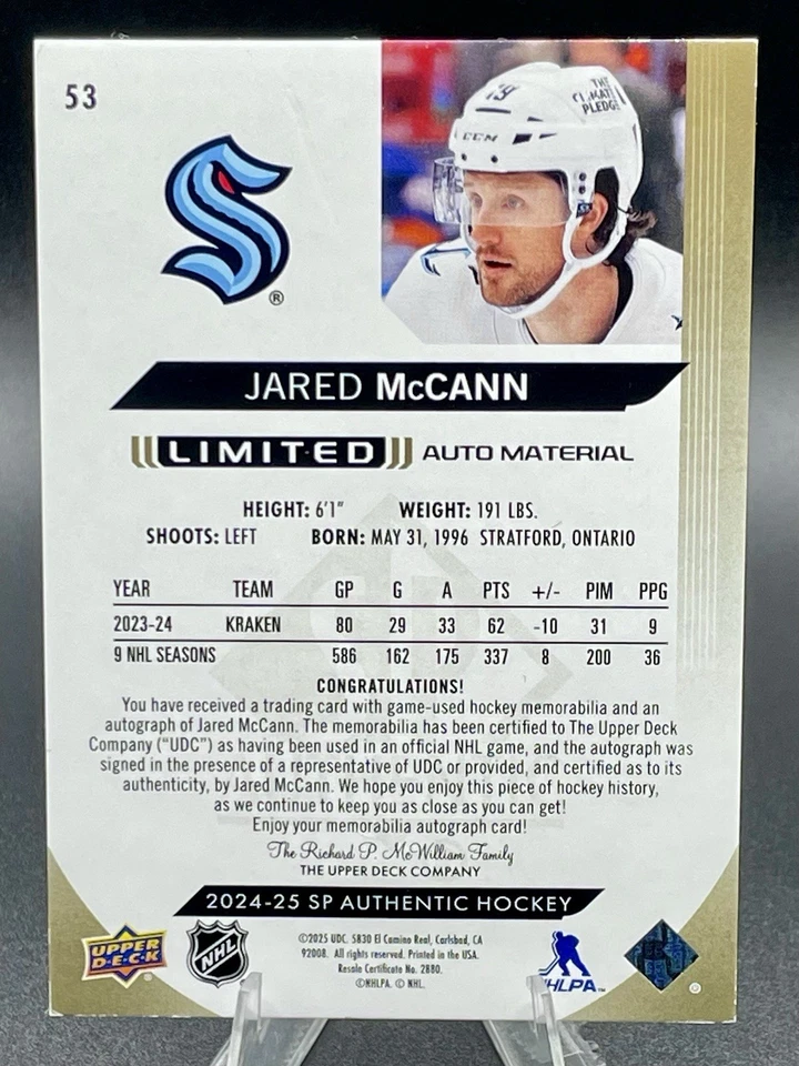2024-25 SP Authentic Jared McCann Limited Auto Patch #72/100 Seattle Kraken - Image 2 of 2