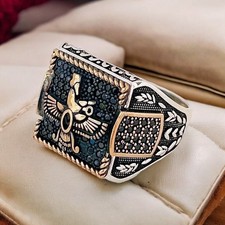 Handgefertigter zoroastrischer Farvahar Ring: Schwarze Zirkonia, 925k Sterlin...