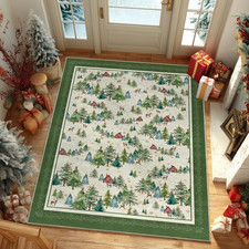 Green Pine Tree House Christmas Area Rug, Winter Home Decor Low-Profile Non-Slip
