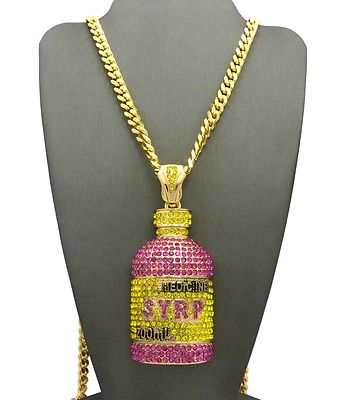 Hip Hop Iced Bust Down Syrup Bottle Pendant & 30'' Box Cuban Chain Bling Necklace