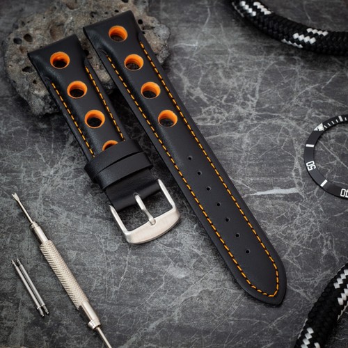 Leather Rally Watch Strap | Soft Calfskin | 20mm 22mm 24mm | Red Orange White - Picture 4 of 20