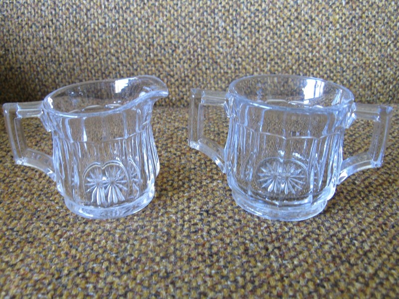 Vintage Clear Sugar Bowl & Creamer Cream Milk Pitcher Coffee Tea Heavy Glass E