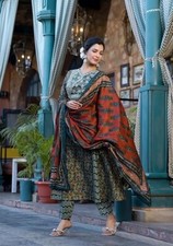 Women Teal Plus Size Embellished Bagru Printed Kurta Top  Pants With Dupatta