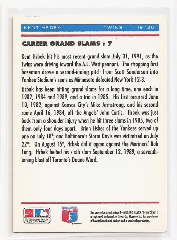1992 Upper Deck Denny's Grand Slam Holograms #19 Kent Hrbek Twins