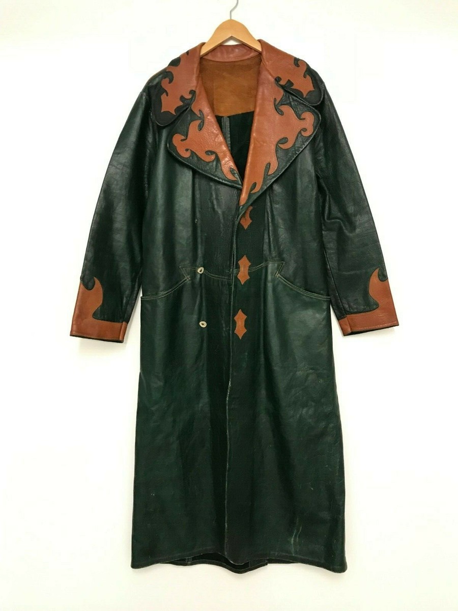 Vintage Leather Trench Coat, Green / Fire Pattern, Deer Horn