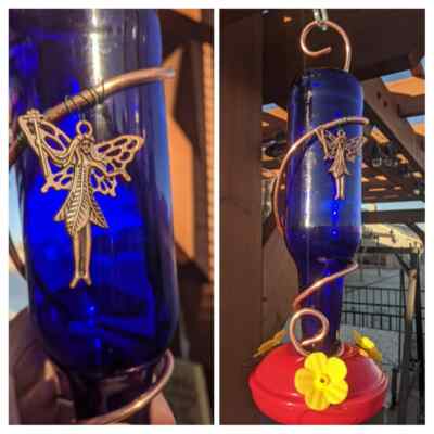 Blue Bottle Hummingbird feeder 12.oz bottle Matching Wind Chime Fairy Pendant 