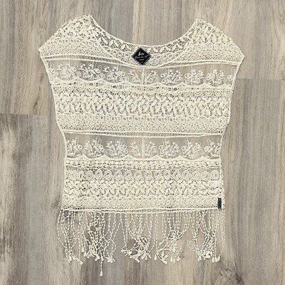 Blanc du Nil Sheer White Crochet Lace Sleeveless Top Swim Cover Up Fringe Size M