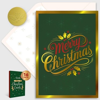 Decorably 16 Pack 5x7in Gold Foil-Embossed Green Christmas Cards 5X7 Inches 