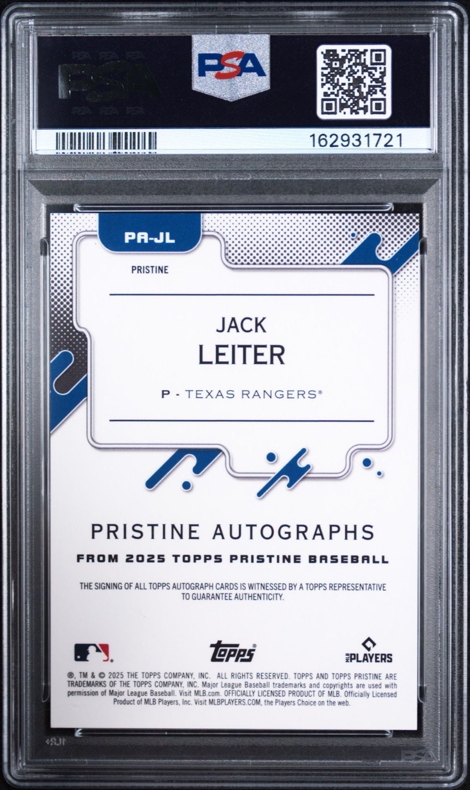 2025 Topps Pristine Jack Leiter Auto Orange Pristine #/25 Rangers PSA 9 view 2