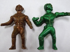 Two Vintage 1950s Ajax Archer Metallic Green and Brown Hard Plastic Spacemen