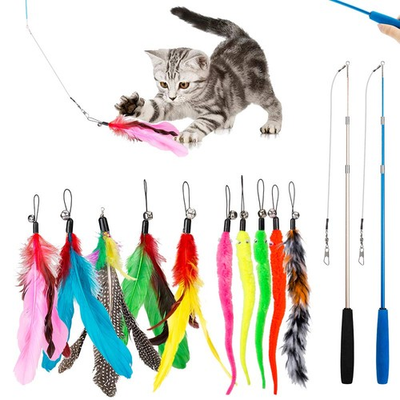 #ad Cat Toys Feather Toy 2PCS Retractable Wand and 10PCS Replacement Teaser $11.85