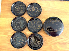Vintage Hawaii Black Lacquerware Coaster Set Made Japan 50th State Box 6 islands