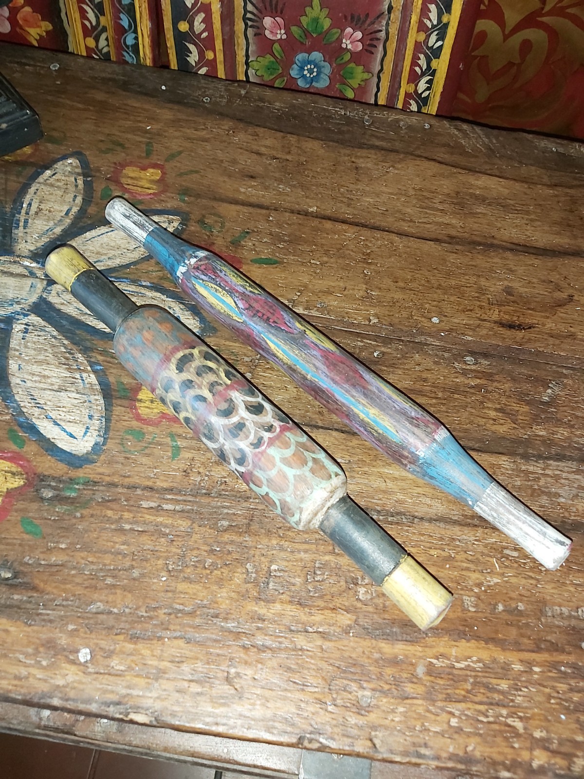 Vintage Indian Hand Painted Rolling Pins Pair