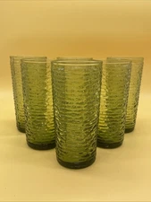 Vintage Anchor Hocking Soreno Avocado Green Flat Iced Tea Glasses Set of 6 6”