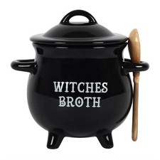 Witches Broth Cauldron Soup Bowl Spoon Lid Ceramic Black Witch