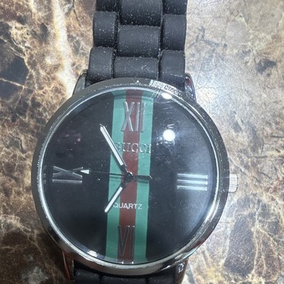 Gucci G-Timeless Quartz Analog Watch Black Green Red Stripe Dial Black Strap