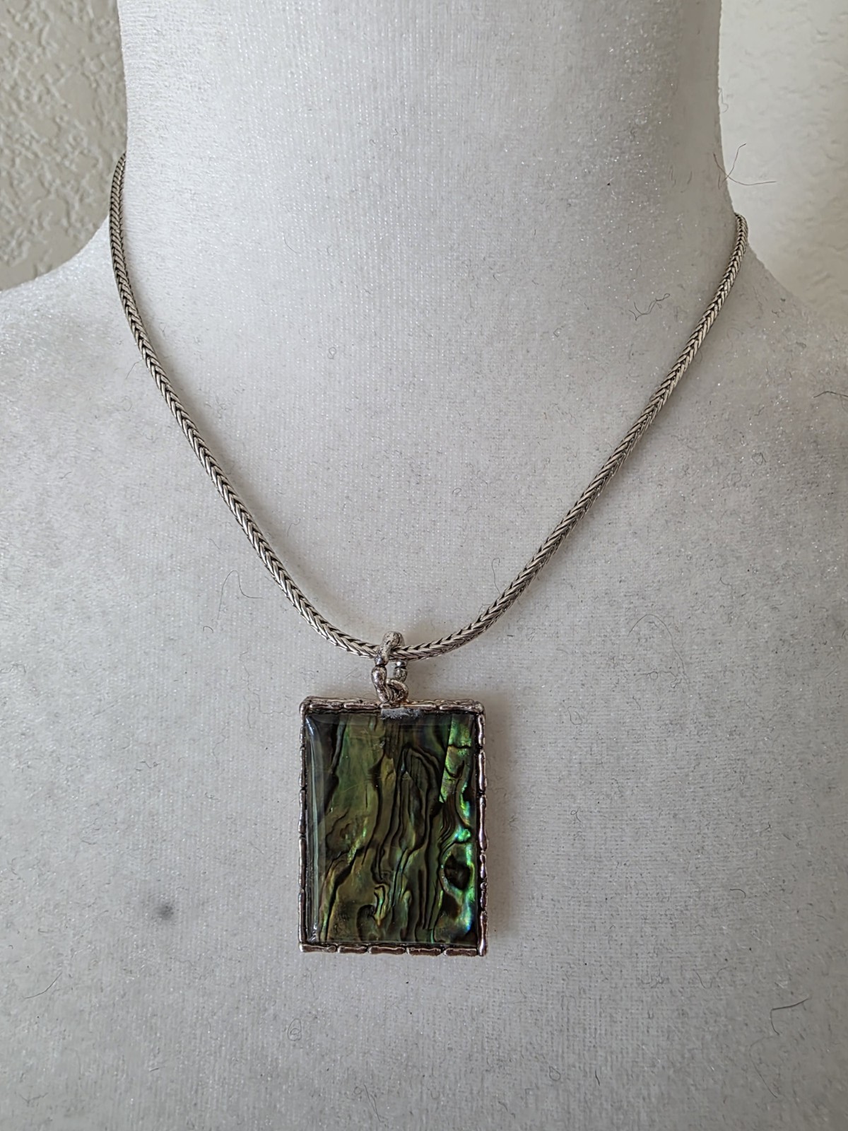 Rectangle Pendant Silver Tone Abalone Necklace Bl… - image 9