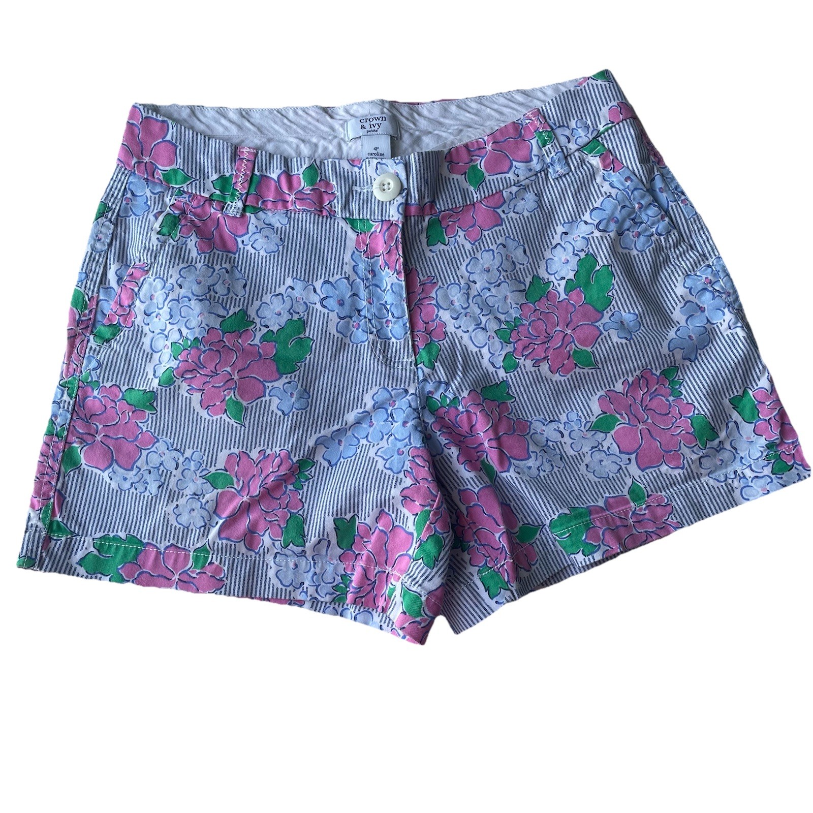 Crown & Ivy Caroline Women's Petite Size 4P Pink Blue Floral Pinstriped Shorts