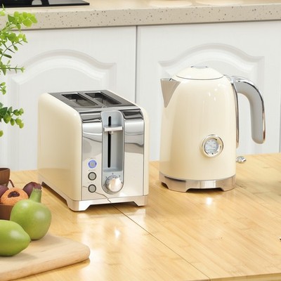 1,7L 3000W Schnellkoch Wasserkocher und 2 Scheiben Toaster Set mit Kalkfilter, Creme