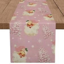 Christmas Table Runner Santa Claus Merry Christmas Tree Snowflake Pink Long R...