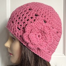 Handmade Crochet Womens Cloche Beanie Flapper Hat w Flower Acrylic Yarn Pink