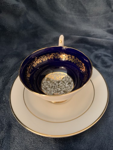 Antica tazza da tè e piattino blu cobalto e oro motivo floreale osso Cina Inghilterra usata in ottime condizioni - Foto 18 di 21