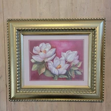 Vintage Carrie Lea Magnolia Print Double Matted Gold Tone Frame 15” X 13”