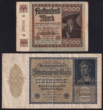 Germany 5000 10000 Mark 1922 Vintage Lot 2 Money Banknote Currency Collection