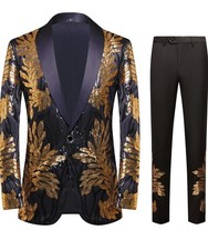 Men's Suit 2 Pieces Blazer and Pants Black with Gold Applique Fit for Wedding...