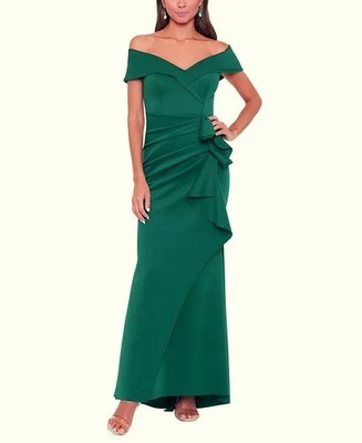 Xscape Hunter Green Ava Off the Shoulder Side Ruffle Evening Gown Size 8P $288