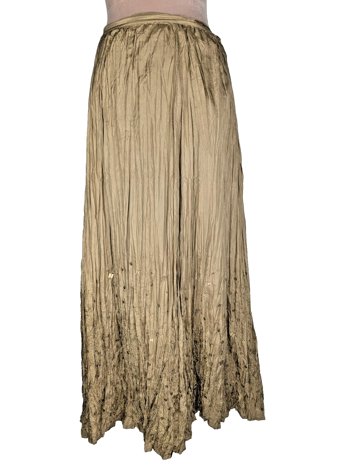 Chico’s Silk Embroidered Maxi Skirt Gold Crinkle Beaded Art To Wear Boho Size L
