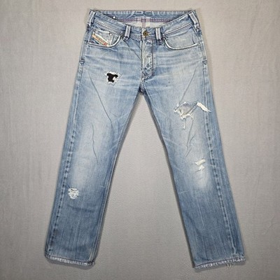 Diesel Yarik Jeans Mens 32 Hemmed Blue Straight Leg Light Wash Distressed Denim