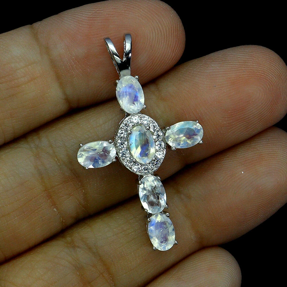Colgante de plata de ley 925 ovalado piedra lunar cruz piedras preciosas joyería Foto 2 de 4