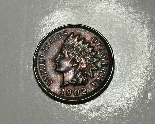 1902 Indian Head Cent Strong Strike & Beautiful Rainbow Toning Uncirculated Coin