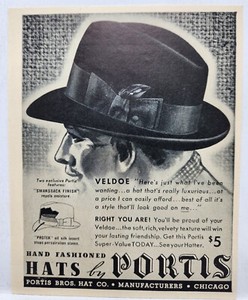 1937 Portis Brothers Hats Veldoe Original Print Ad 30's Life Magazine