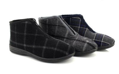 Mens JED II Zip Up Checked Warm Lined Cosy Bootee Slippers UK