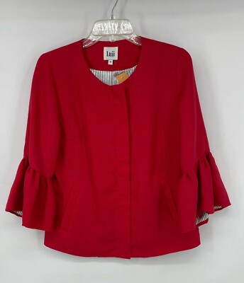 LUII Red Sparkly Jacket Blazer Womens Sz Small 3/4 Bell Sleeve Full Zip EUC